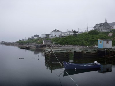 Waterfront in Canso on a foggy evening.